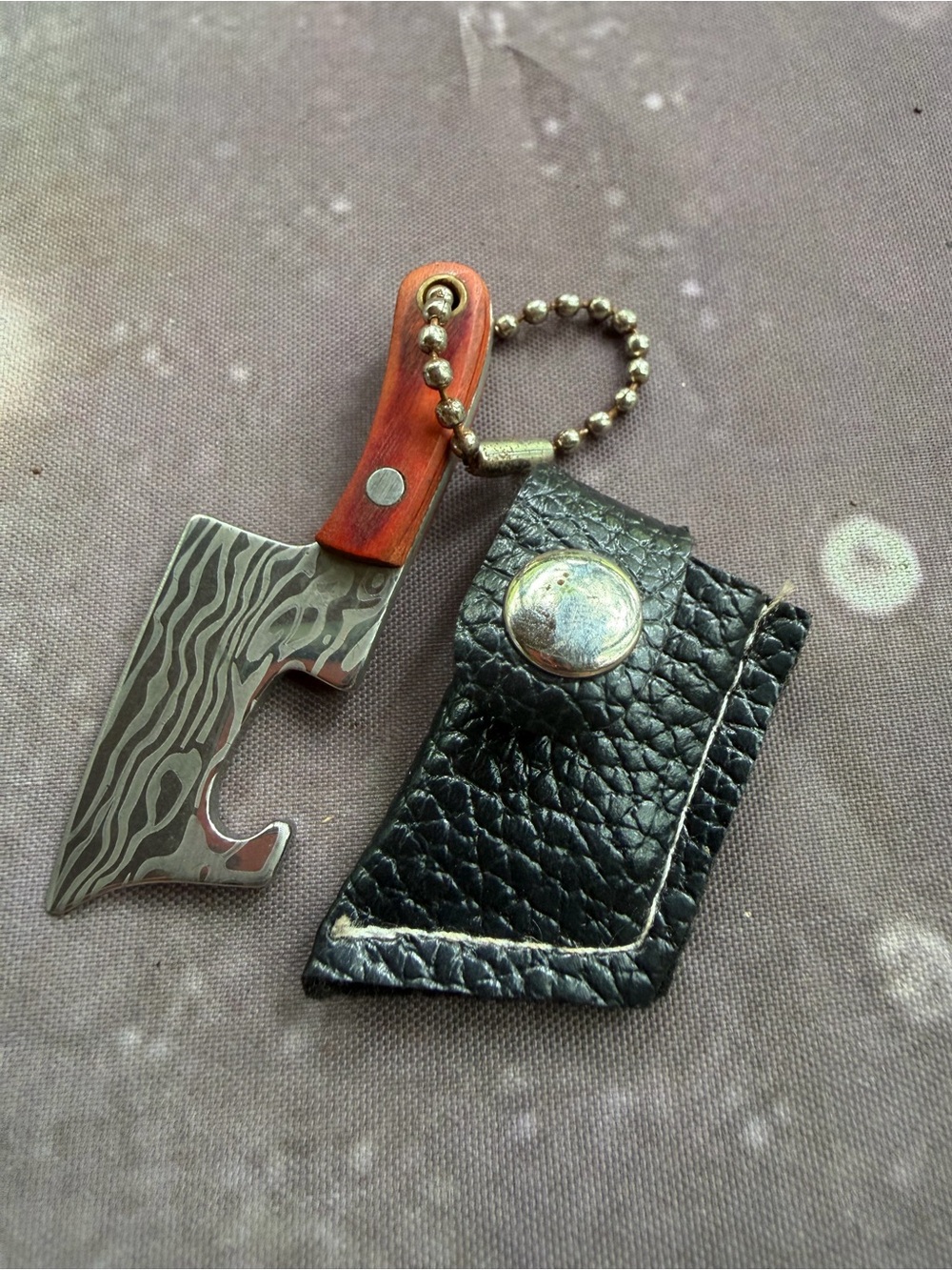 Mini Keychain Bottle Opener with Red Wood Handle and Black Leather Sheath